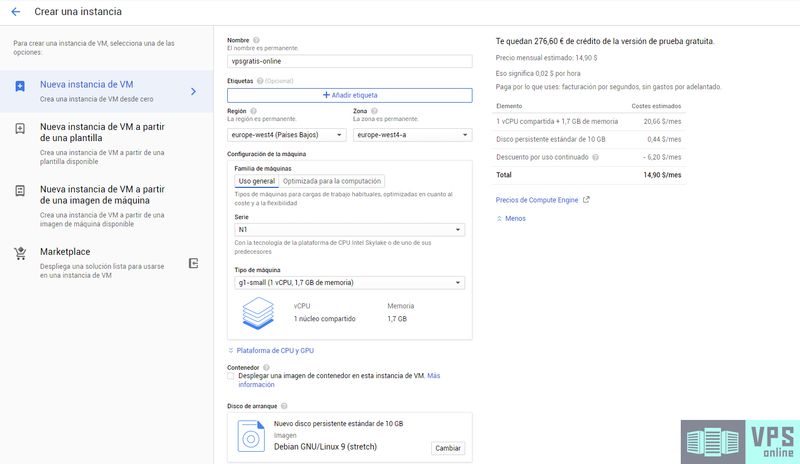 Configurar máquina virtual en la consola de Google Cloud